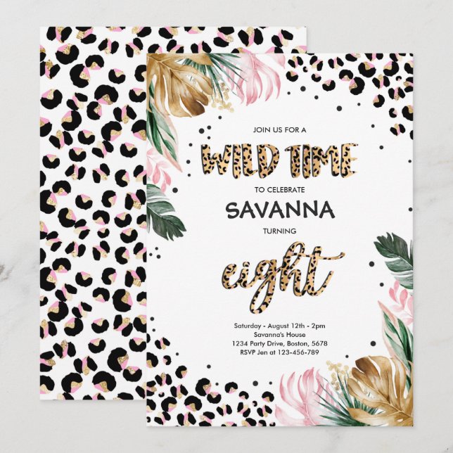 Leopard Print Jungle Safari 8th Birthday Party Invitation (Front/Back)