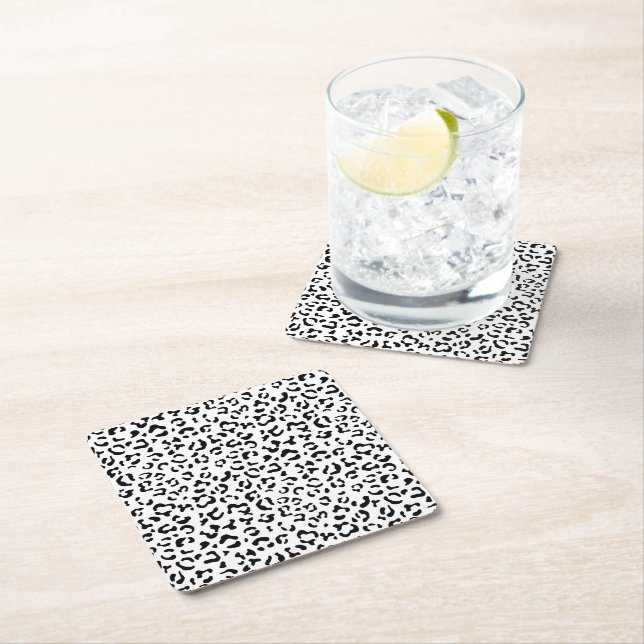 Leopard Print, Leopard Spots, Black And White Square Paper Coaster (Insitu)