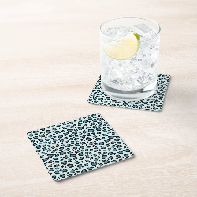 Leopard Print, Leopard Spots, Blue Leopard Square Paper Coaster (Insitu)