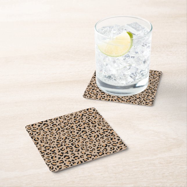 Leopard Print, Leopard Spots, Brown Leopard Square Paper Coaster (Insitu)
