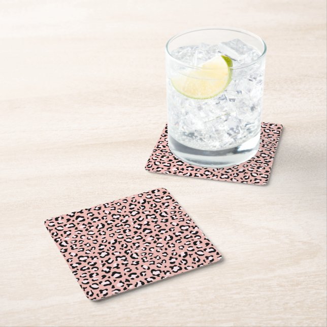 Leopard Print, Leopard Spots, Pink Leopard Square Paper Coaster (Insitu)