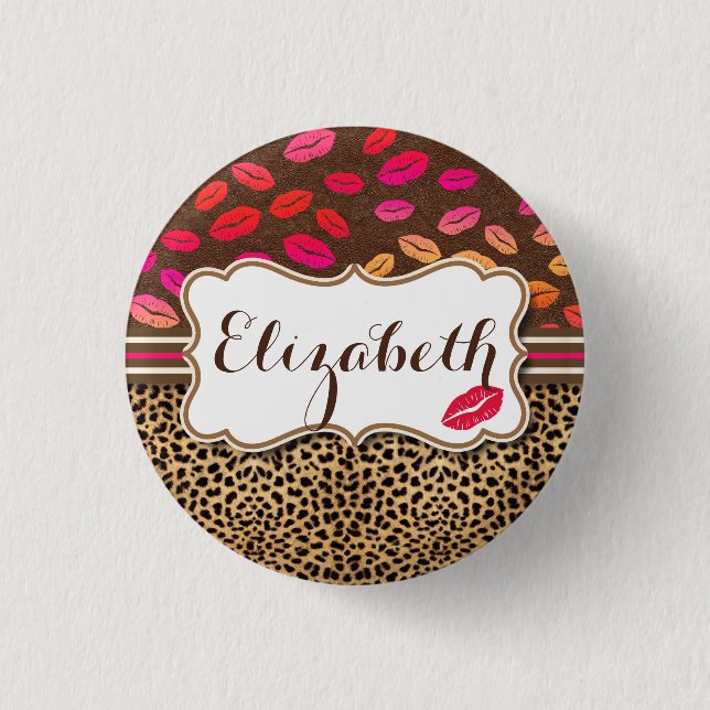 Leopard Print Lips Kisses Personalised 3 Cm Round Badge (Front)