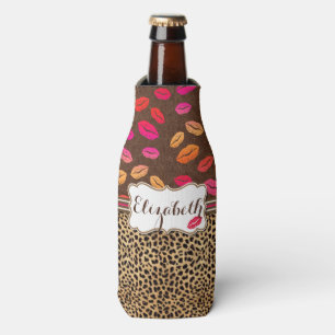 Leopard Print Lips Kisses Personalised Bottle Cooler