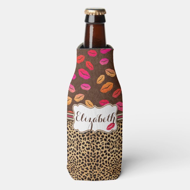 Leopard Print Lips Kisses Personalised Bottle Cooler (Bottle Front)