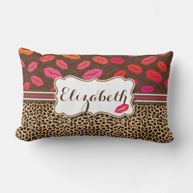 Leopard Print Lips Kisses Personalised Lumbar Cushion (Front)
