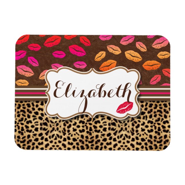 Leopard Print Lips Kisses Personalised Magnet (Horizontal)
