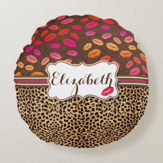 Leopard Print Lips Kisses Personalised Round Cushion