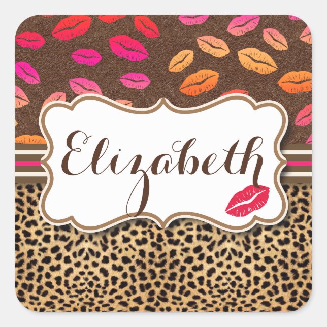 Leopard Print Lips Kisses Personalised Square Sticker (Front)