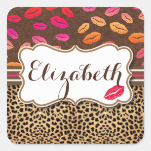 Leopard Print Lips Kisses Personalised Square Sticker