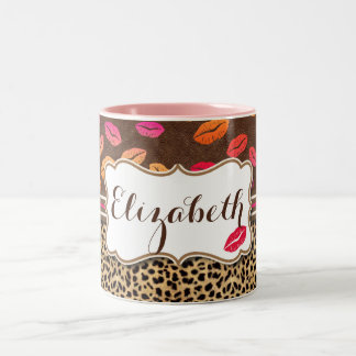 Leopard Print Lips Kisses Personalised Two-Tone Coffee Mug
