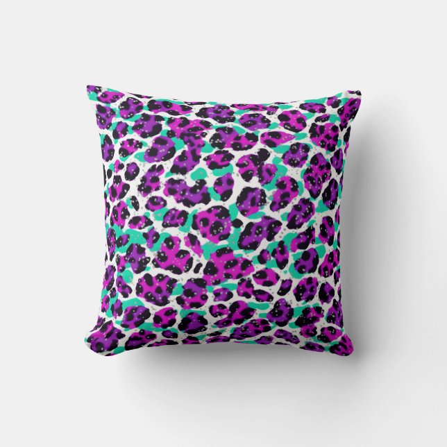 Leopard Print Magenta Pink Teal Blue Cushion (Front)