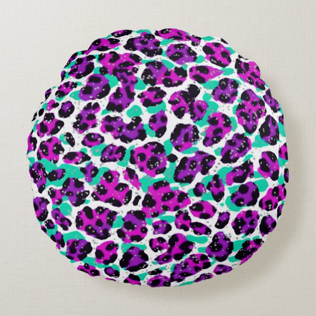 Leopard Print Magenta Pink Teal Blue Round Cushion (Front)