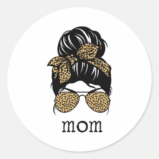 Leopard Print Messy Hair Bun Mom  Classic Round Sticker (Front)