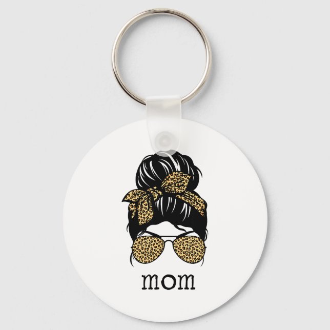 Leopard Print Messy Hair Bun Mom  Key Ring (Front)