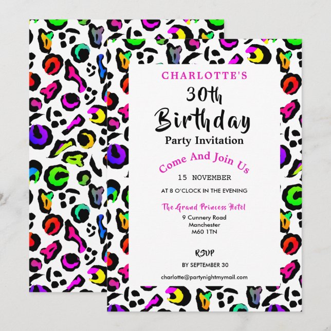 Leopard Print Modern Colourful Birthday Celebratio Invitation (Front/Back)