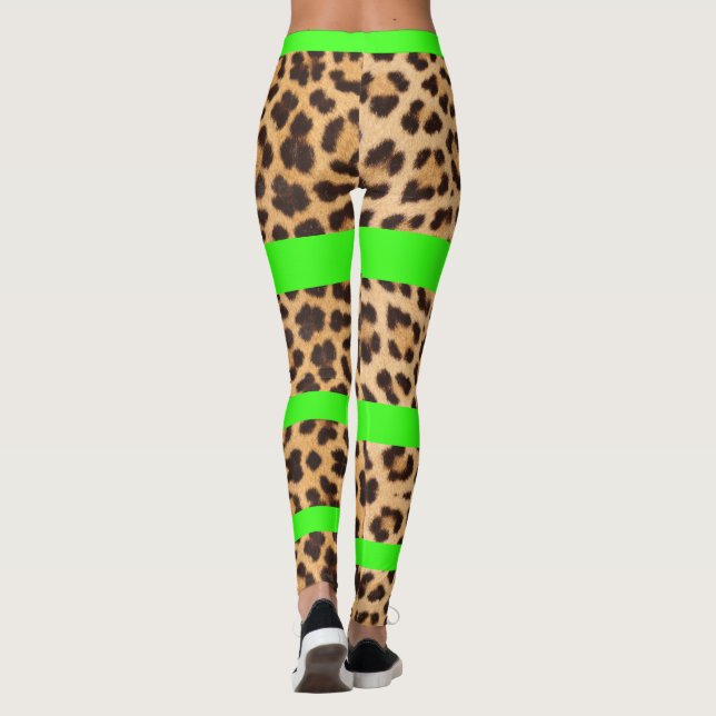 Leopard Print Neon Green Striped Womens Leggings (Back)