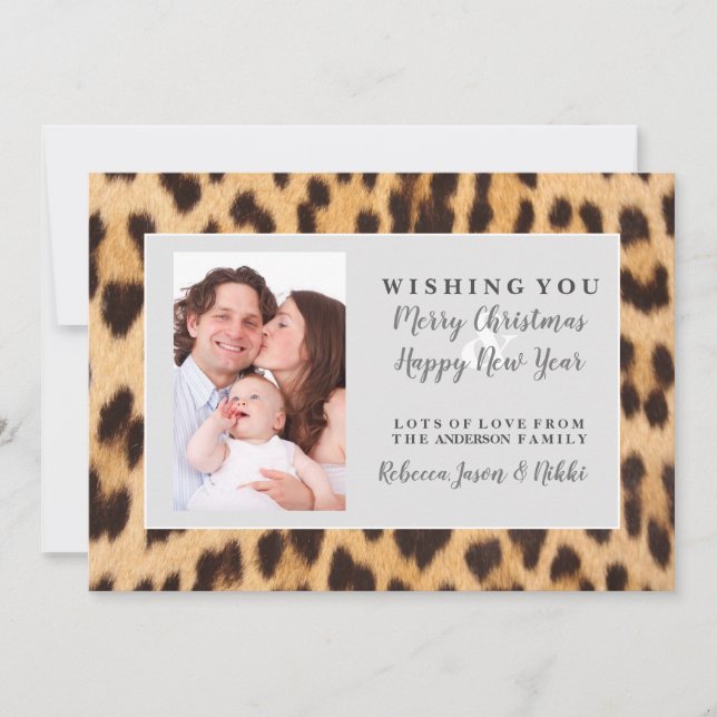leopard print New Year Christmas family photo Holiday Card (Front)