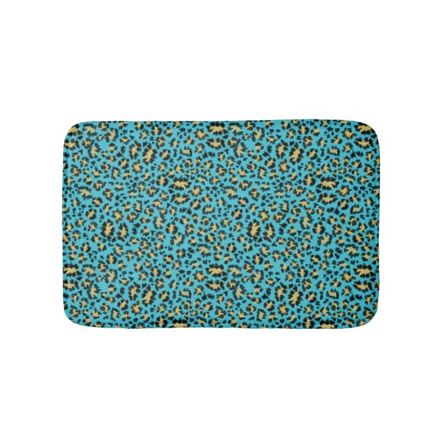 Leopard print on cozy blue bath mat (Front)