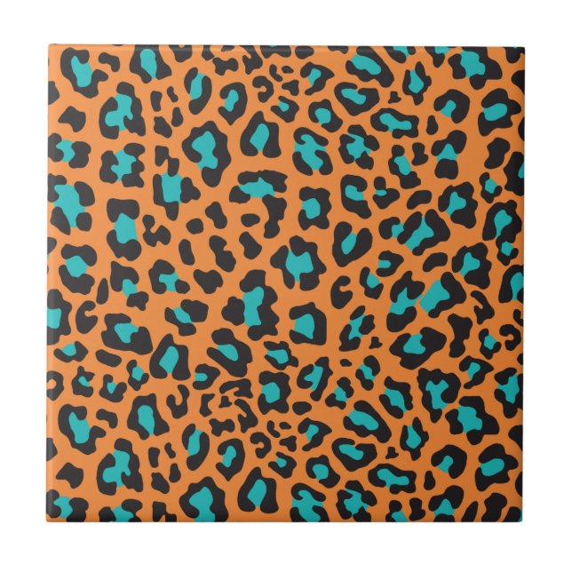 Leopard Print Orange, Black, Aqua Tile (Front)