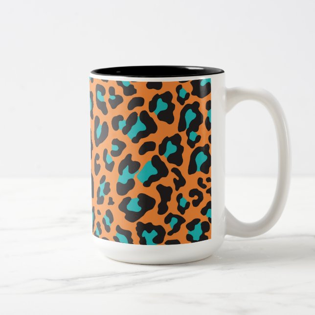 Leopard Print Orange, Black, Aqua Two-Tone Coffee Mug (Right)