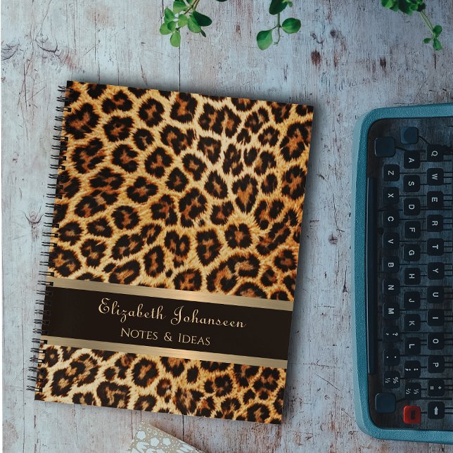 Leopard print pattern Brown Gold foil stripe Name  Notebook (Creator Uploaded)