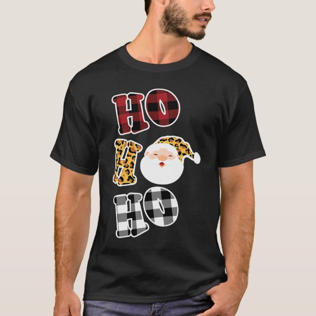 Leopard Print Pattern Ho Ho Ho Buffalo Plaid Chris T-Shirt (Front)
