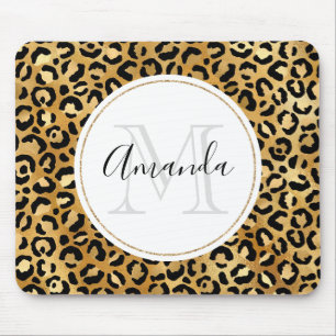 Leopard Print Pattern in Gold and Black Monogram Mouse Mat