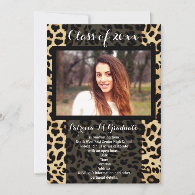 Leopard Print Pattern Ribbon Photo Graduation Invitation (Front)
