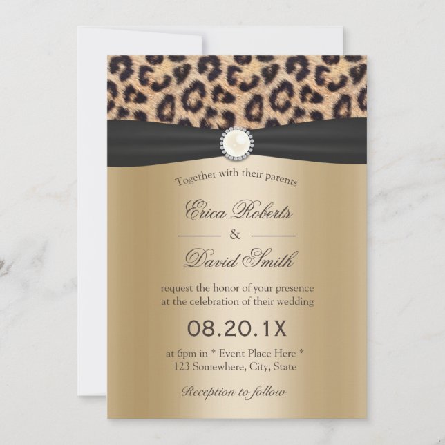 Leopard Print Pearl & Black Ribbon Elegant Wedding Invitation (Front)