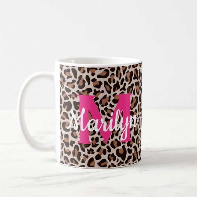 Leopard Print Personalise Name Hot Pink Coffee Mug (Left)