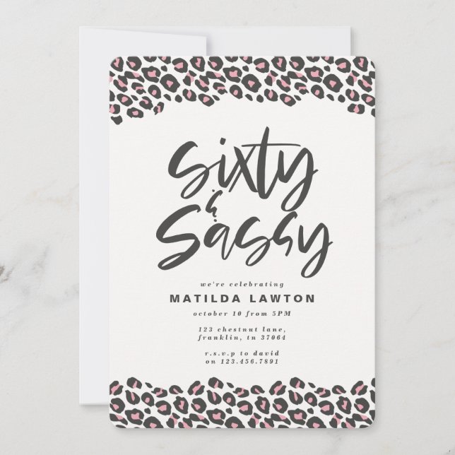 Leopard print pink and black sixty and sassy 60th announcement (Front)