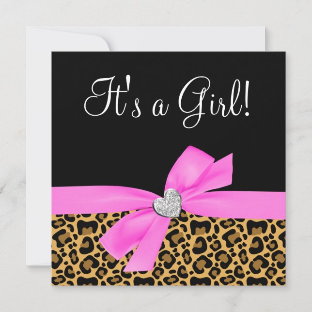 Leopard Print Pink Bow Diamond Girl Baby Shower Invitation (Front)