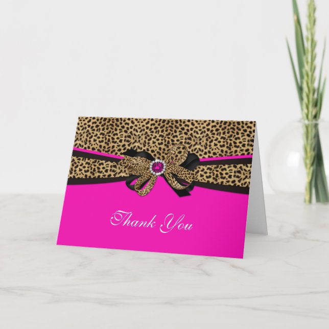 Leopard Print Pink Gem Rhinestone Thank You Card (Front)