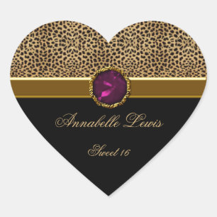Leopard Print Pink Jewel Sweet 16 Heart Sticke Heart Sticker