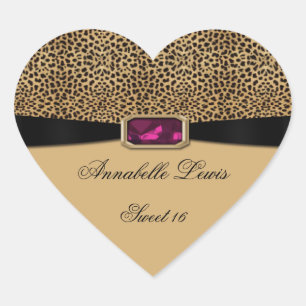 Leopard Print Pink Jewel Sweet 16 Heart Sticker