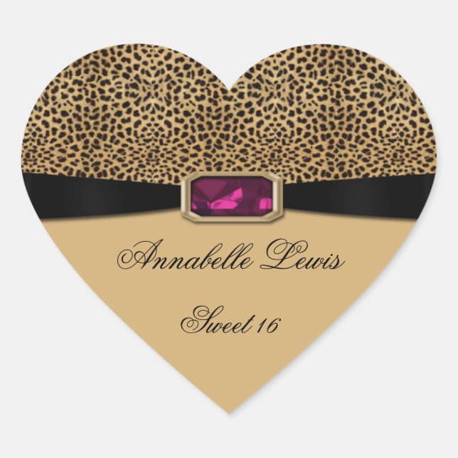 Leopard Print Pink Jewel Sweet 16 Heart Sticker (Front)