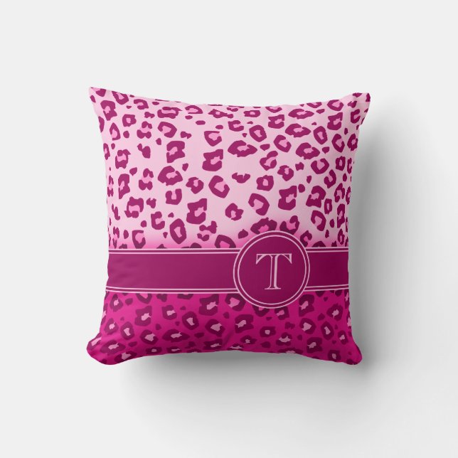 Leopard print pink monogram throw pillow (Front)