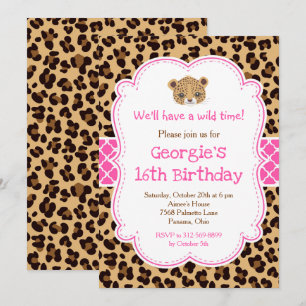 Leopard Print Pink Quatrefoil Birthday Party Invitation