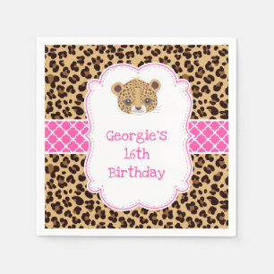 Leopard Print Pink Quatrefoil Birthday Party Napkin