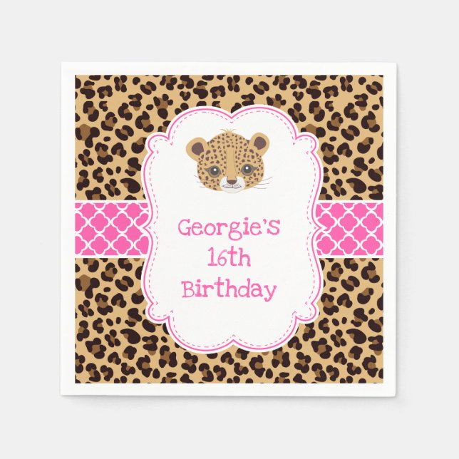 Leopard Print Pink Quatrefoil Birthday Party Napkin (Front)