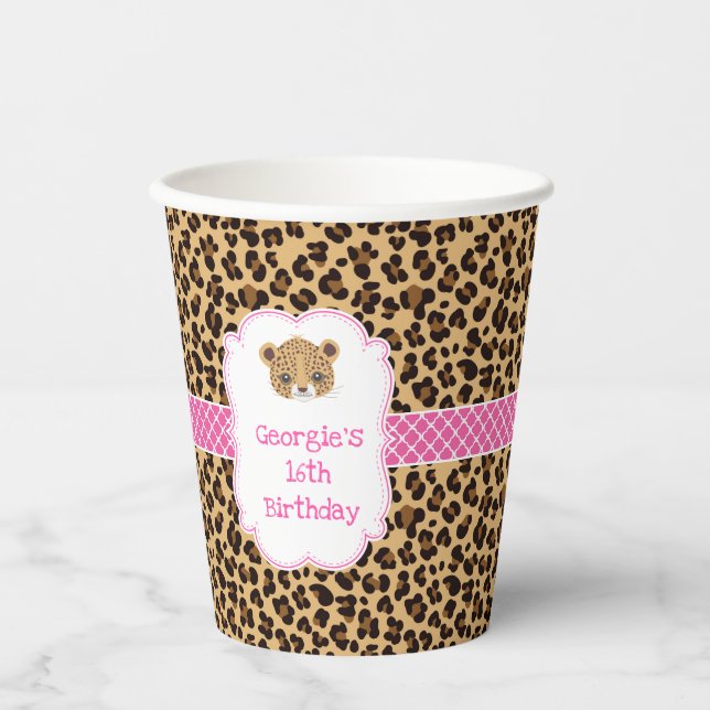 Leopard Print Pink Quatrefoil Birthday Party Paper Cups (Front)