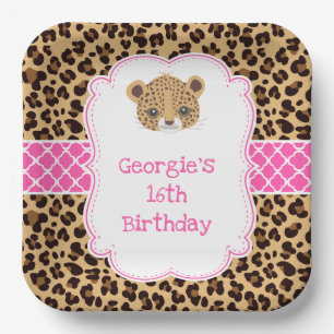 Leopard Print Pink Quatrefoil Birthday Party Paper Plate