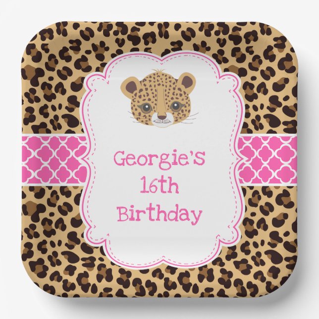 Leopard Print Pink Quatrefoil Birthday Party Paper Plate (Front)