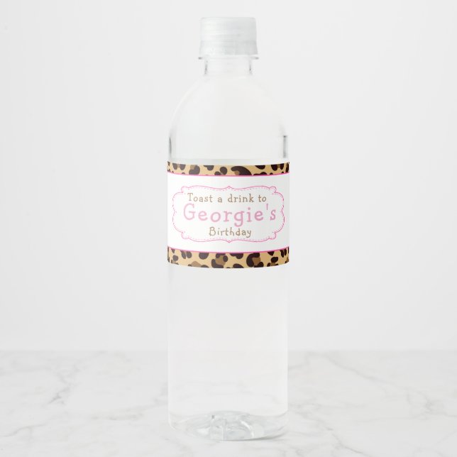 Leopard Print Pink Quatrefoil Birthday Party Water Bottle Label (Front)
