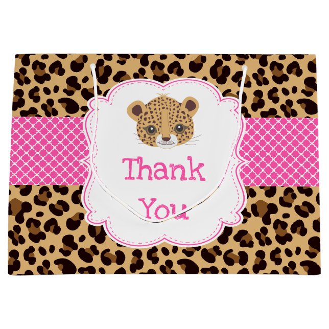 Leopard Print Pink Quatrefoil Birthday Thank You Large Gift Bag (Front)