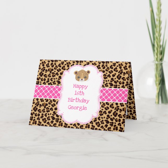 Leopard Print Pink Quatrefoil  Card (Front)