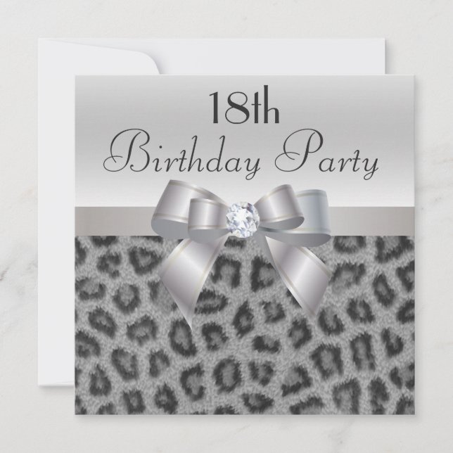 Leopard Print, Printed Bow & Diamond 18th Birthday Invitation (Front)