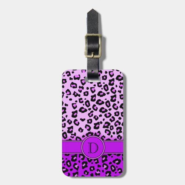 Leopard print purple black monogram luggage tag (Front Vertical)