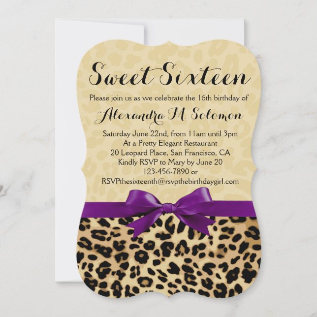 Leopard Print Purple Bow Sweet 16 Party Invitation (Front)