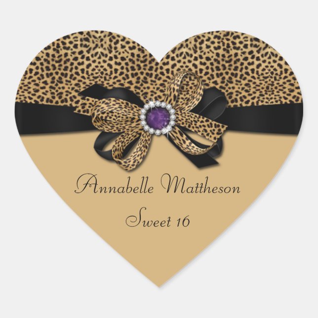 Leopard Print Purple Jewel Diamonds Sweet 16 Heart Sticker (Front)